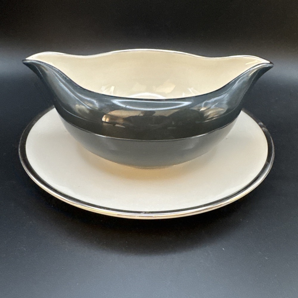 GORHAM sauce‎ or gravy boat with attached underplate Peacock Blue Silver trim
